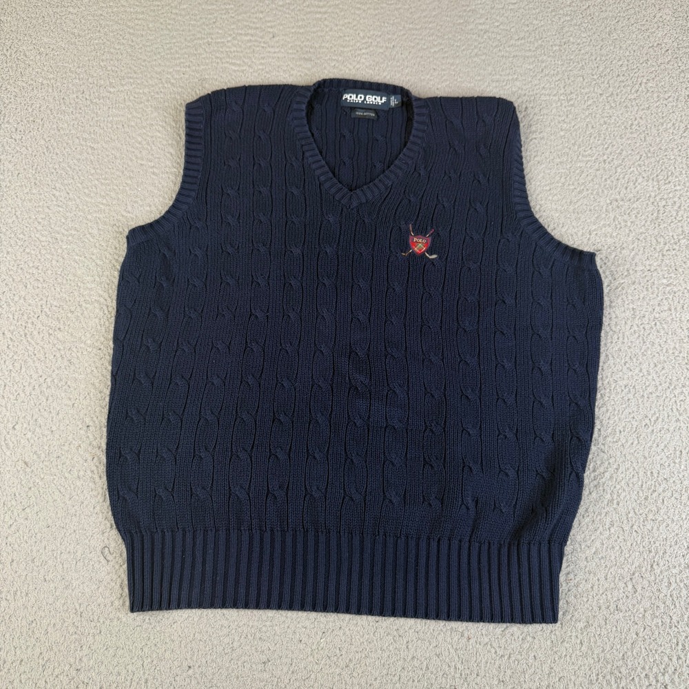 Polo Golf Ralph Lauren Sweater Vest Mens L Navy Cable Knit V-Neck Crest Logo VTG